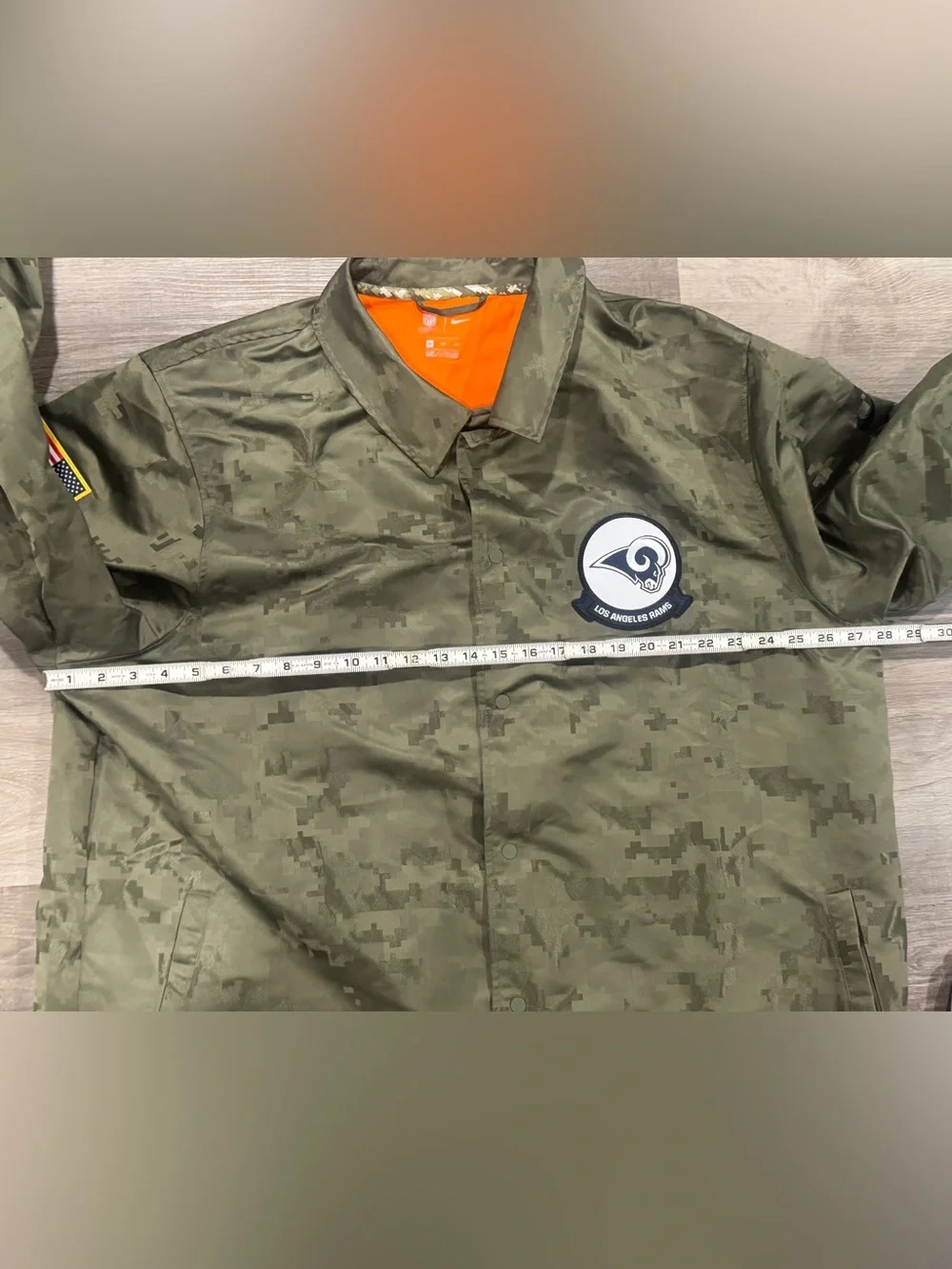 Nike NFL Los Angeles Rams Camo Coach Jacket - Olive Green with Orange Lining